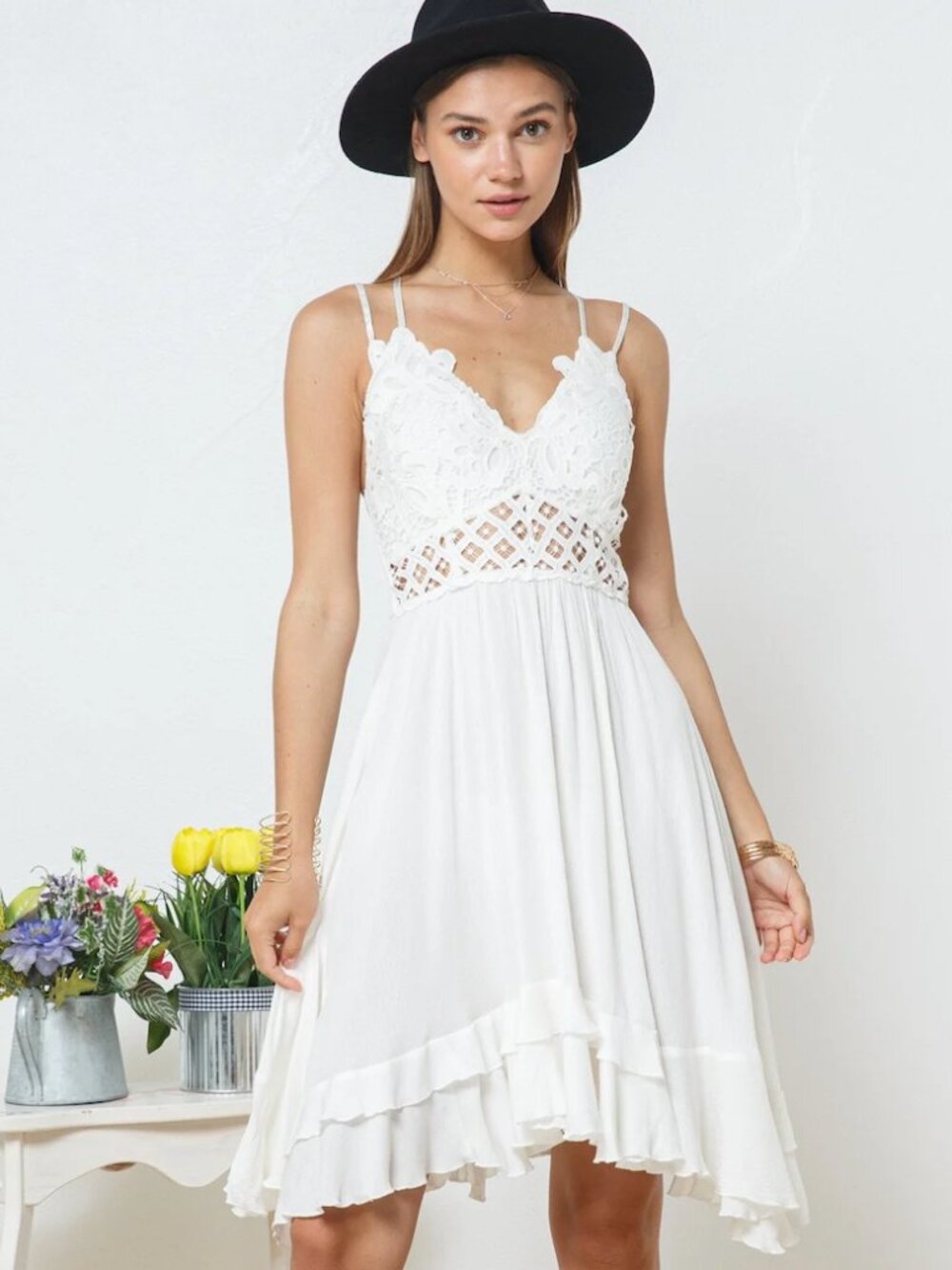 Anna-Kaci White Crochet Lace Tiered Ruffle Mini Dress Size S